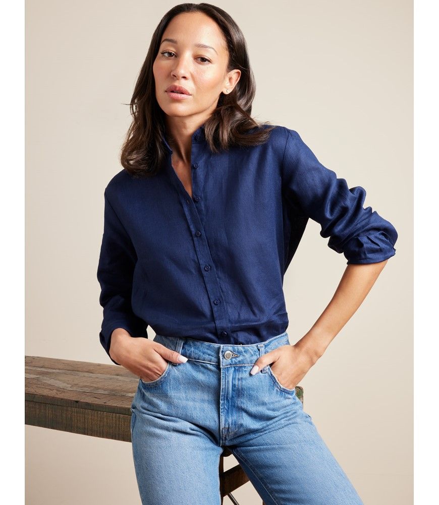 Women's Relaxed Fit Navy Linen Shirt | Hawes and Curtis