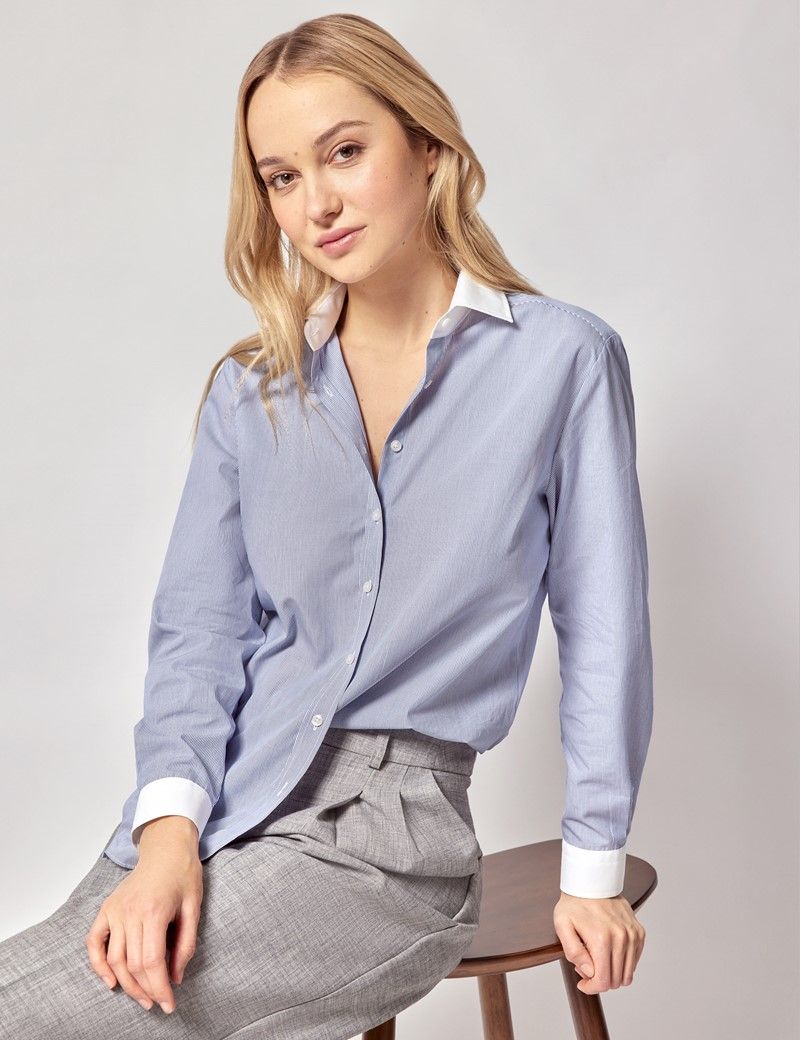 Relaxed Fit Blue & White Fine Stripe Shirt