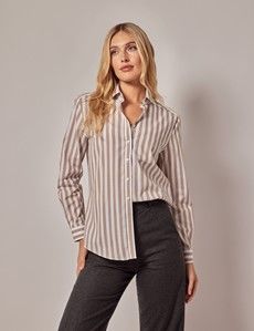 Relaxed Fit Taupe & White Bold Stripe Shirt