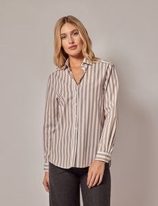 Relaxed Fit Taupe & White Bold Stripe Shirt