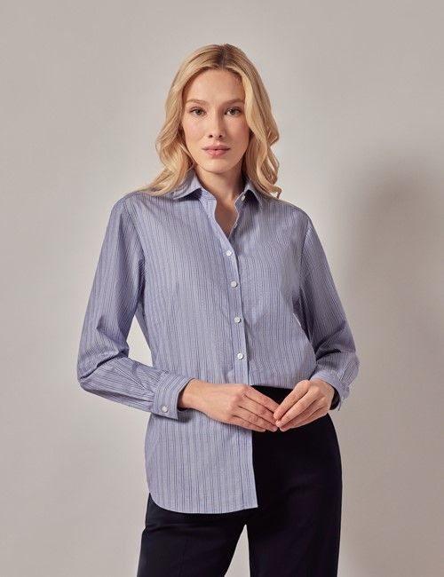 Navy & White Double Stripe Cotton Relaxed Fit Shirt