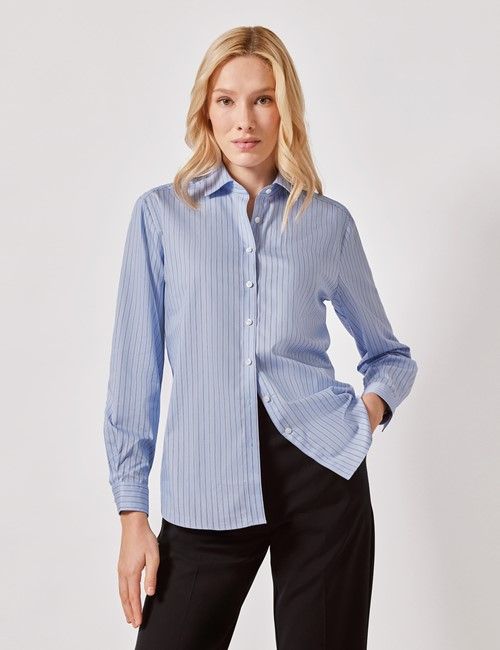 Blue & White Double Stripe Cotton Relaxed Fit Shirt