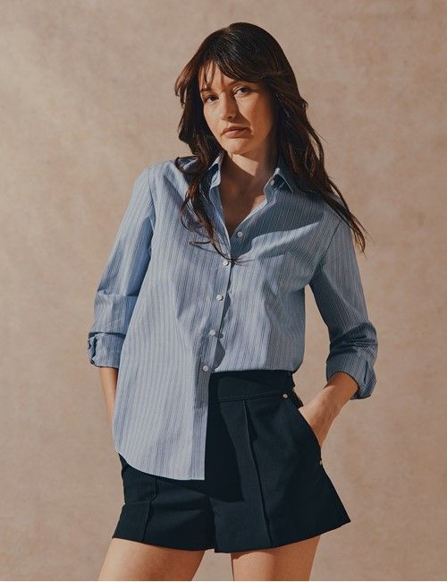 Blue & White Double Stripe Cotton Relaxed Fit Shirt-preview