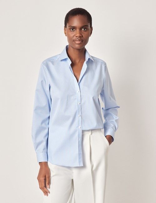 Blue & White Fine Stripe Cotton Relaxed Fit Shirt