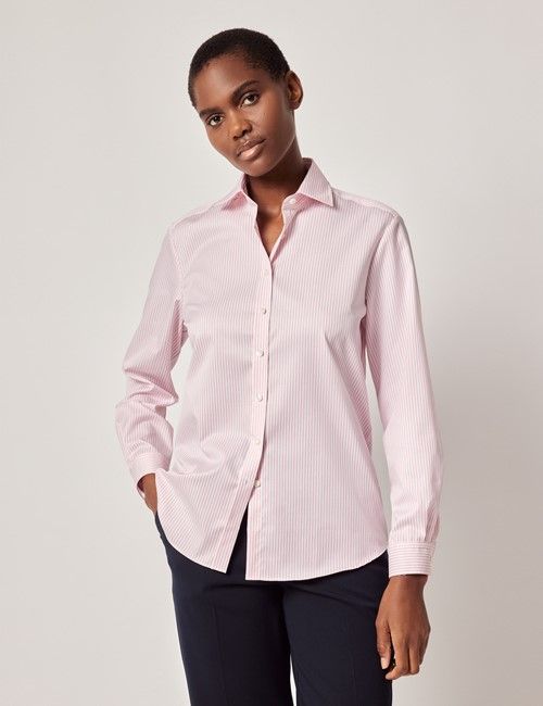 Pink & White Fine Stripe Cotton Relaxed Fit Shirt