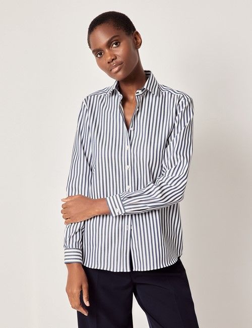 Navy & White Bold Stripe Cotton Relaxed Fit Shirt
