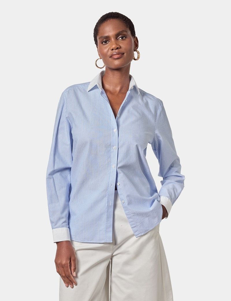 Relaxed Fit Blue & White Stripe Washed Oxford Shirt