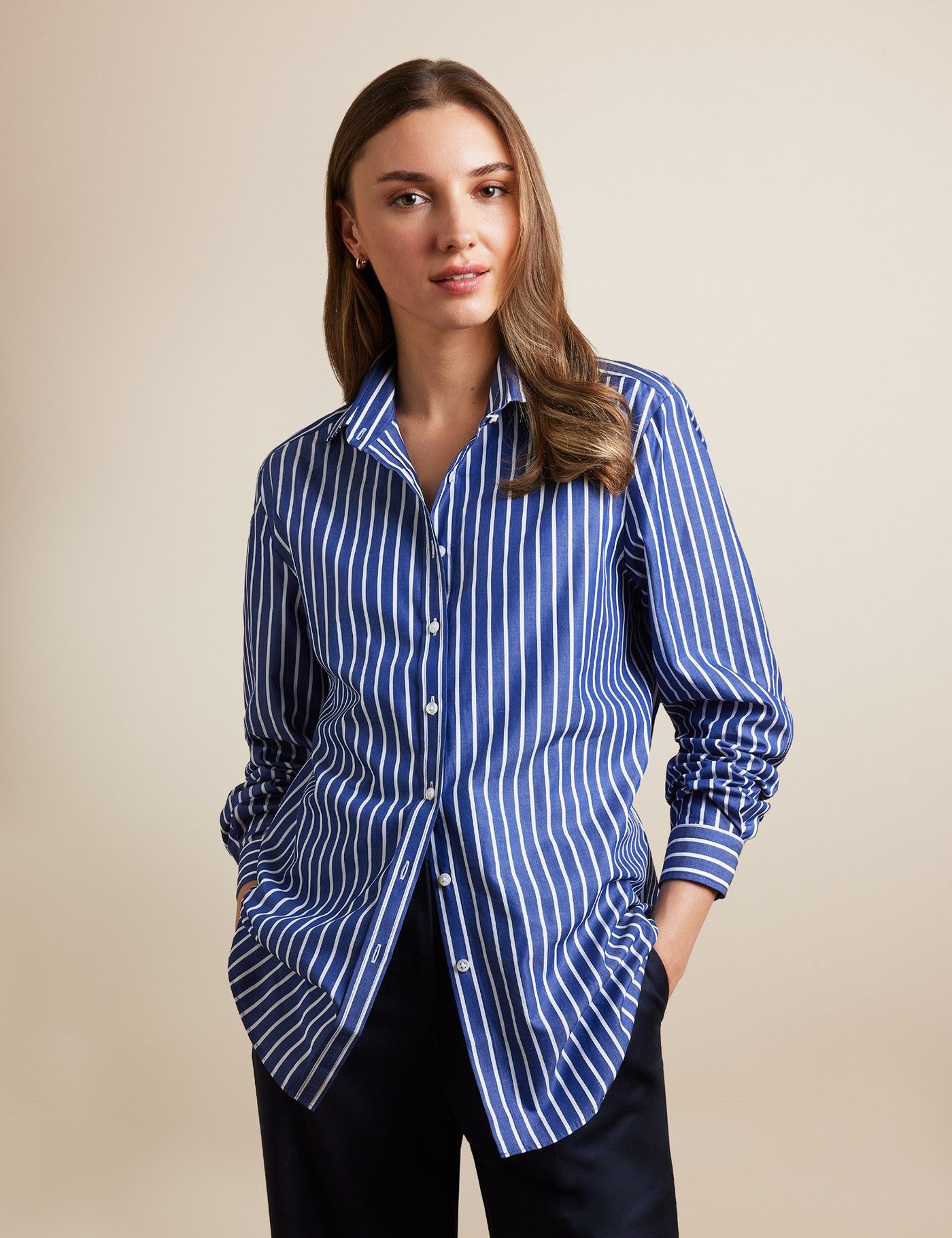 Women's Relaxed Fit Navy & White Butcher Stripe Shirt | Hawes and