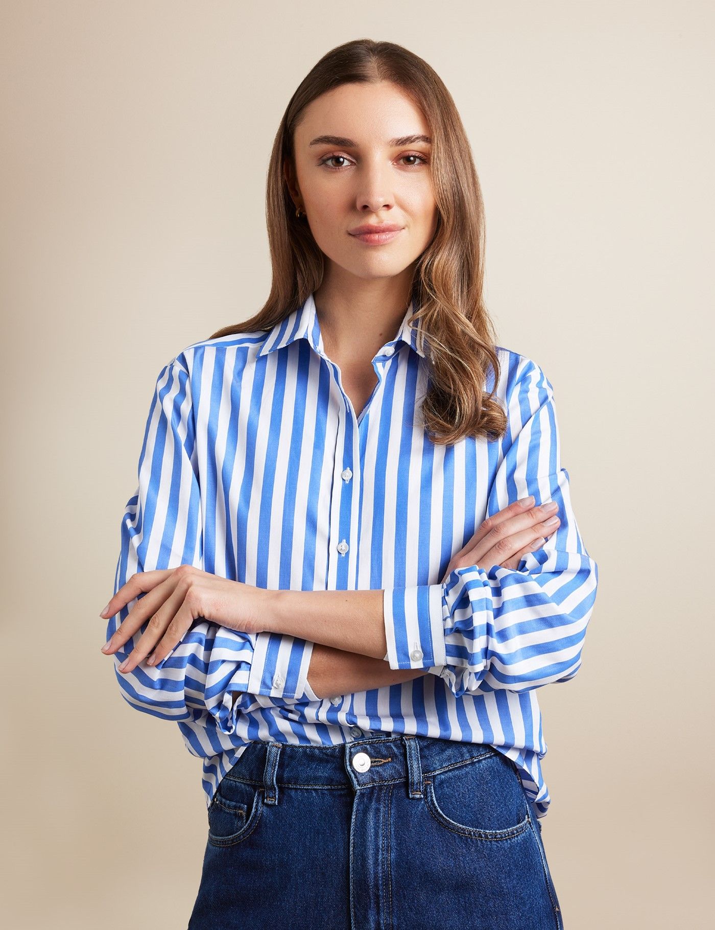Women's Relaxed Fit Blue & White Bengal Stripe Shirt | Hawes and Curtis