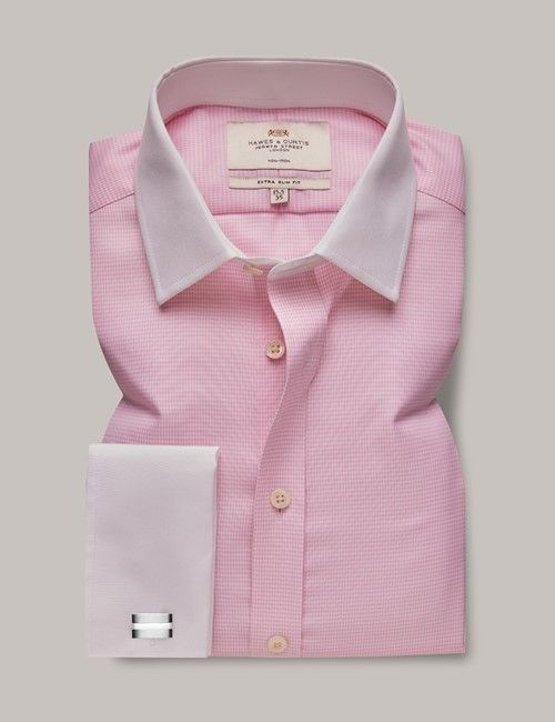 Non-Iron Pink & White Dogtooth Extra Slim Shirt with White Collar & Cuffs-preview