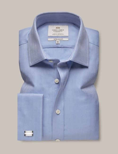 Blue Herringbone Extra Slim Shirt - French Cuff-preview