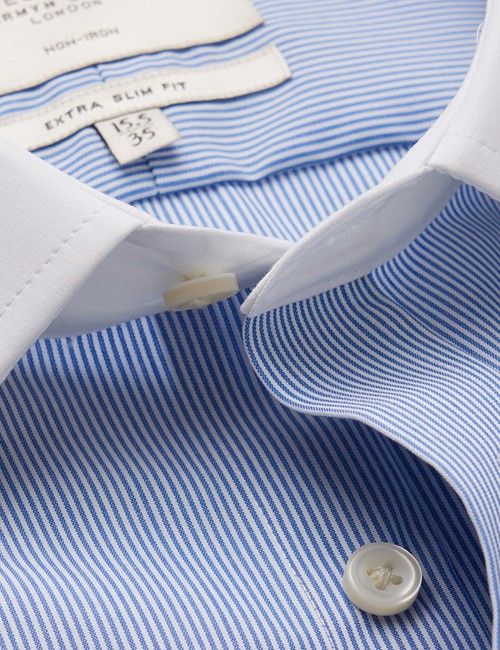 Non-Iron Blue & White Stripe Extra Slim Shirt With White Collar and Cuffs