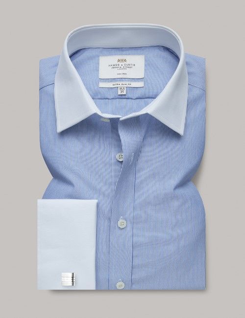 Non-Iron Blue & White Stripe Extra Slim Shirt With White Collar and Cuffs-preview