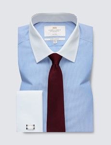 Non-Iron Blue & White Fine Stripe Extra Slim Shirt With White Collar and Cuffs