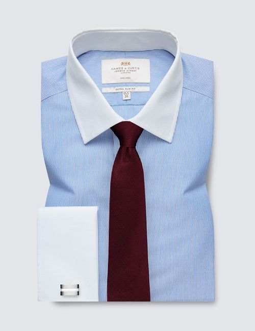 Non-Iron Blue & White Fine Stripe Extra Slim Shirt With White Collar and Cuffs