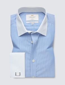 Non-Iron Blue & White Fine Stripe Extra Slim Shirt With White Collar and Cuffs-preview2