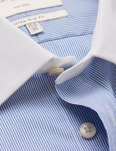 Non-Iron Blue & White Fine Stripe Extra Slim Shirt With White Collar and Cuffs-preview1