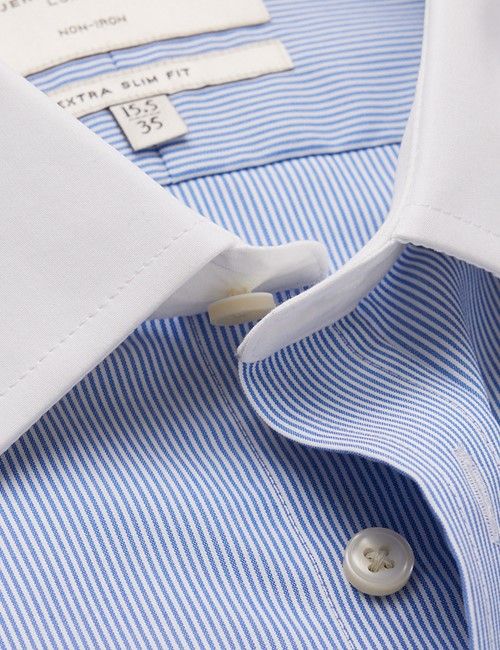 Non-Iron Blue & White Fine Stripe Extra Slim Shirt With White Collar and Cuffs-preview
