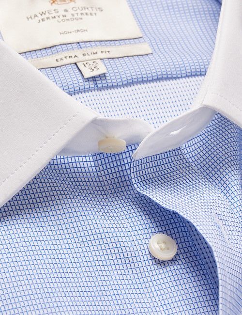 Non-Iron Blue & White Fabric Interest Extra Slim Fit Shirt With White Collar and Cuffs-preview