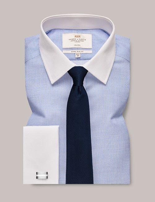 Non-Iron Blue & White Fabric Interest Extra Slim Fit Shirt With White Collar and Cuffs