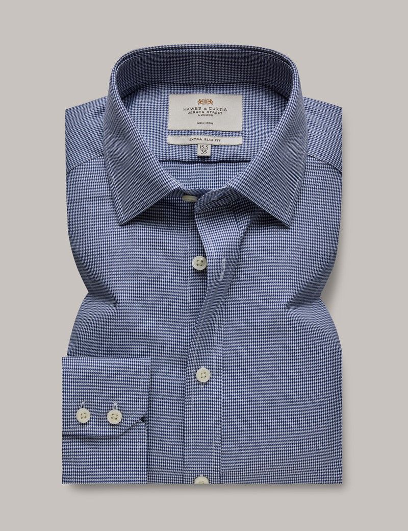 Men's Non-Iron Navy & White Plaid Extra Slim Fit Shirt | Hawes & Curtis