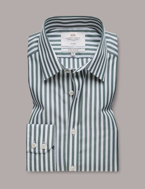 Non-Iron Green & White Bold Stripe Extra Slim Fit Shirt-preview
