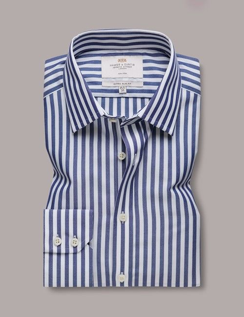Non-Iron Navy & White Bold Stripe Extra Slim Fit Shirt-preview