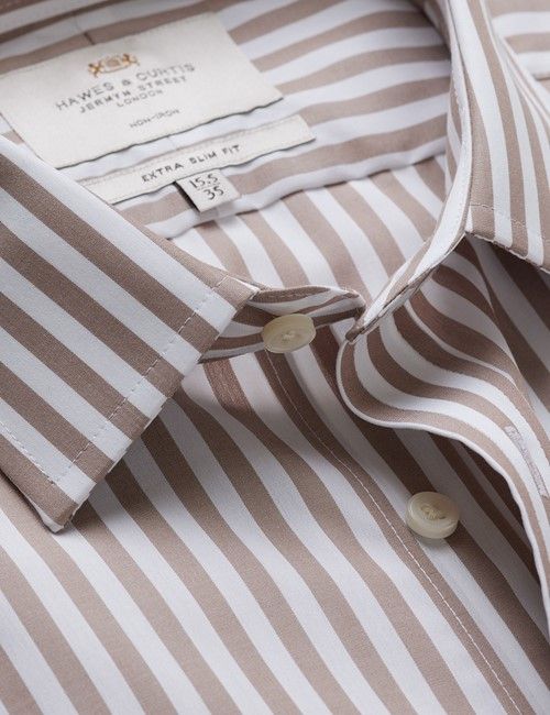 Non-Iron Beige & White Bold Stripe Extra Slim Shirt