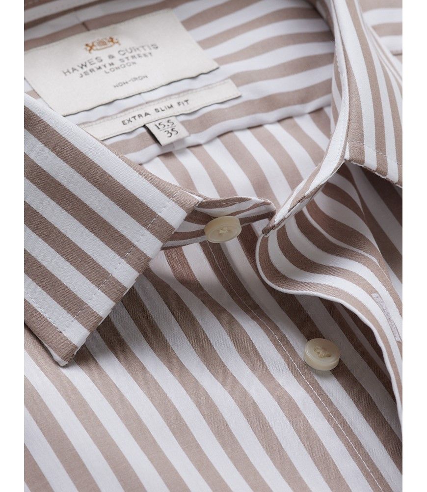 Men's Non-Iron Beige & White Bold Stripe Extra Slim Shirt