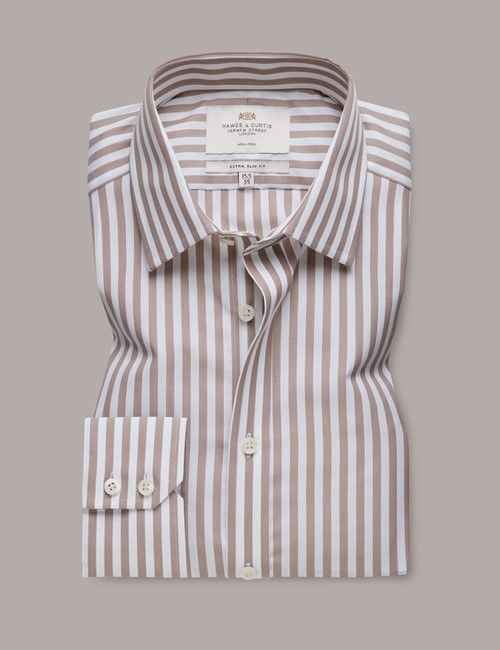 Non-Iron Beige & White Bold Stripe Extra Slim Shirt-preview