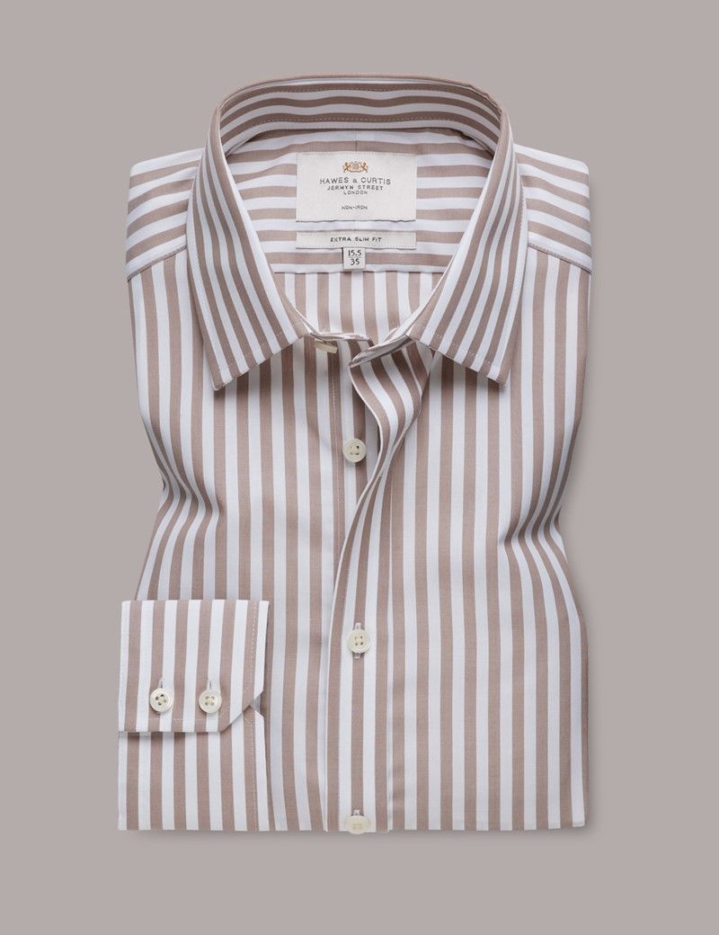 Extra Slim Fit Beige & White Bold Stripe Non-Iron Shirt-preview