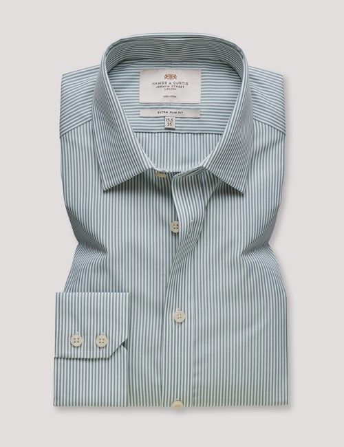 Non-Iron Green & White Fine Stripe Extra Slim Fit Shirt-preview