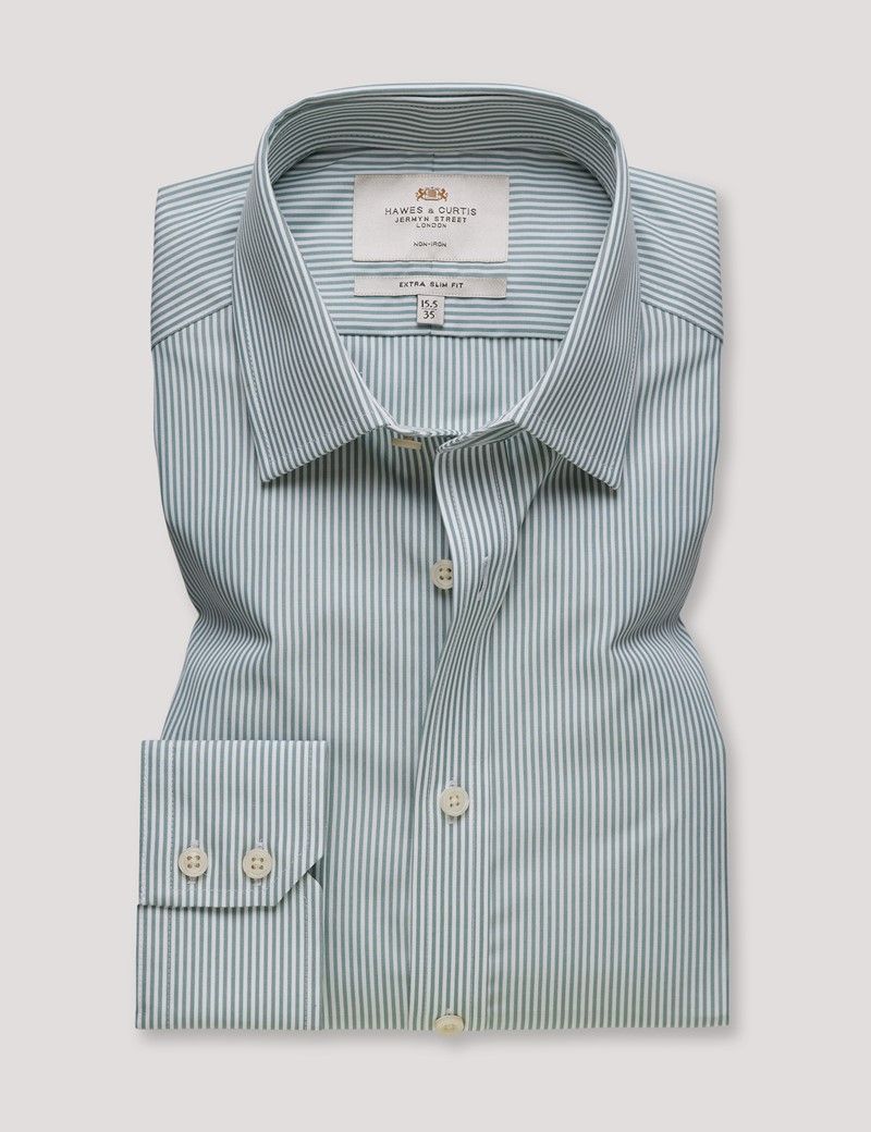 Extra Slim Fit Green & White Fine Stripe Non-Iron Shirt-preview