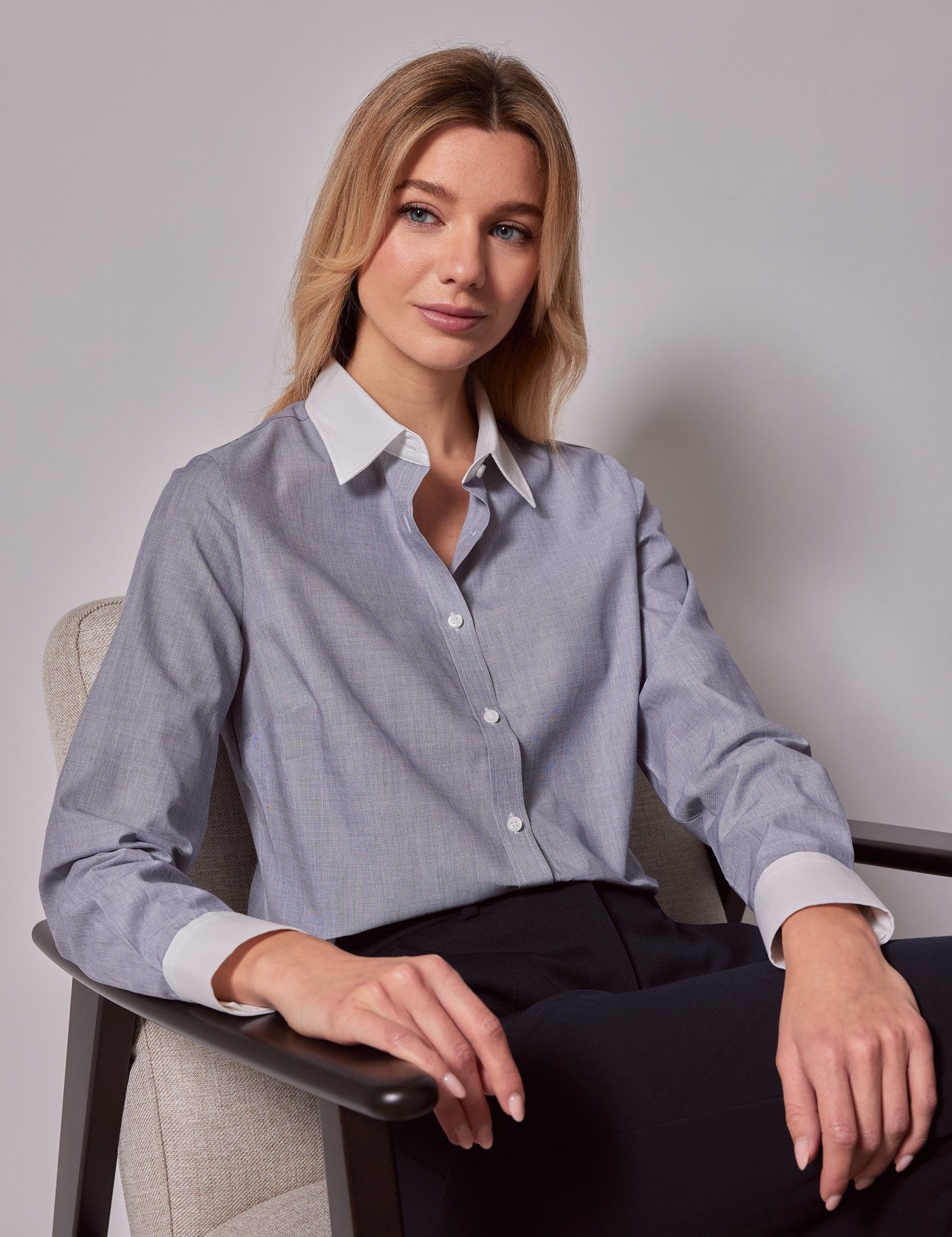 Women s Executive Grey End On End Semi Fitted Shirt With White Collar