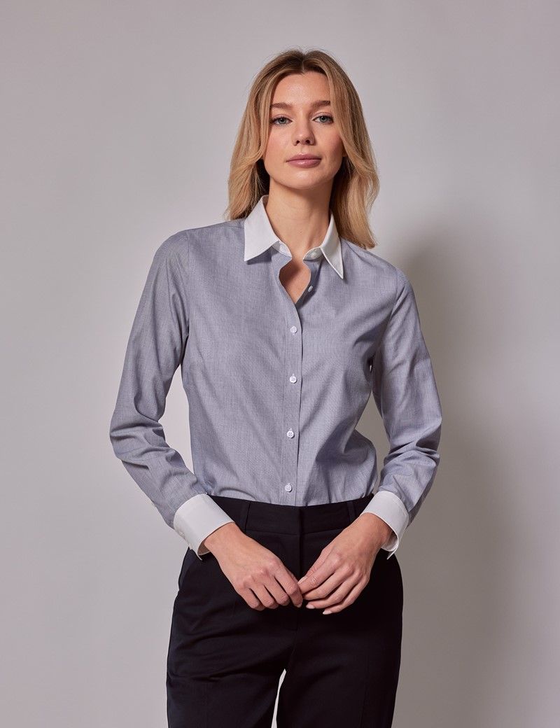 Women's Executive Grey End On End Semi-Fitted Shirt With White Collar