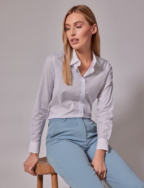 Executive White & Blue Stripe Semi-Fitted Shirt - White Collar and Cuffs