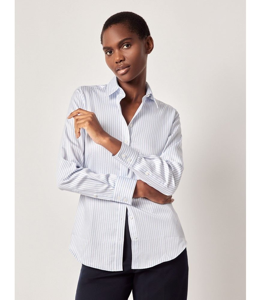 white striped dress shirt Benza with lines the collar point length is designed to sit in perfect harmony with the widths of our ties and our jacket lapels Red and White Stripe Cotton