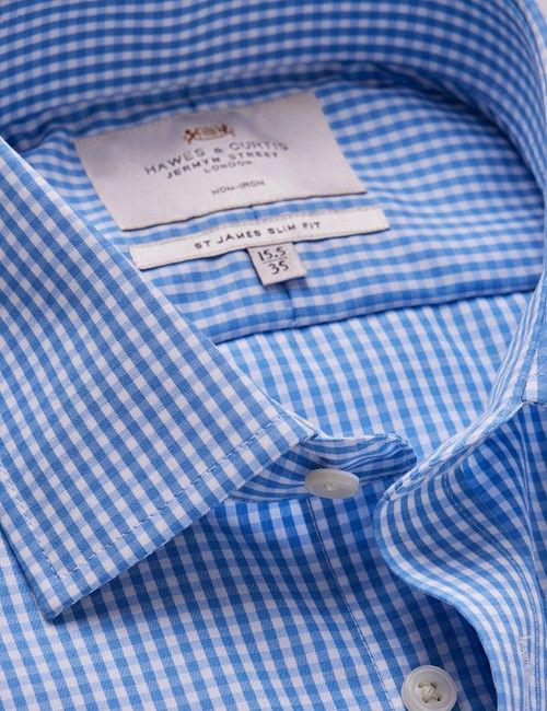 Non-Iron Blue & White Gingham Slim Shirt - French Cuff