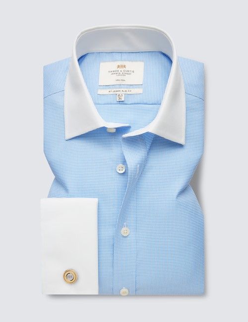 Non-Iron Blue & White Dogtooth Slim Fit Shirt With White Collar and Cuffs-preview