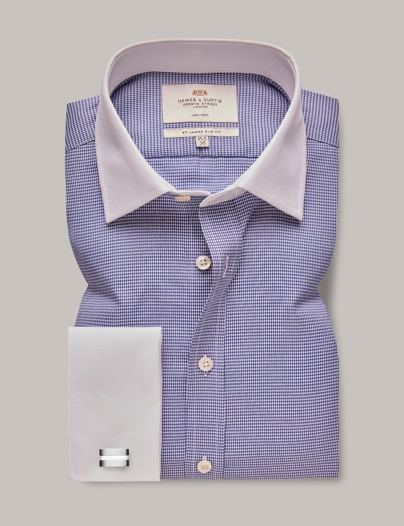 Slim Fit Navy & White Dogtooth Non-Iron Shirt - Contrast Detail-preview