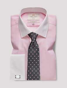 Slim Fit Pink & White Dogtooth Twill Non-Iron Shirt - Contrast Detail