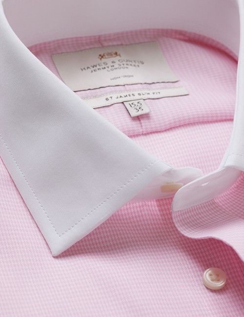 Non-Iron Pink & White Dogtooth Slim Shirt - White Collar and Cuffs