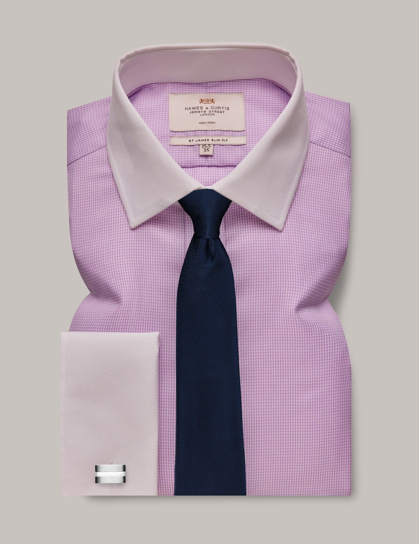 Men's Non-Iron Lilac & White Dogtooth Slim Shirt - White Collar and Cuffs