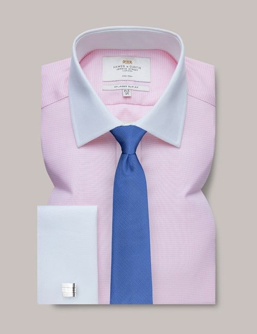 Non-Iron Pink & White Dogtooth Slim Fit Shirt With White Collar and Cuffs