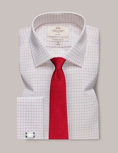 Non-Iron Red & Navy Multi Check Slim Fit Shirt - Double Cuff
