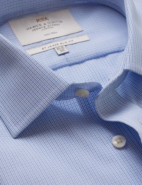 Non-Iron Navy & Blue Multi Check Slim Fit Shirt - Double Cuff