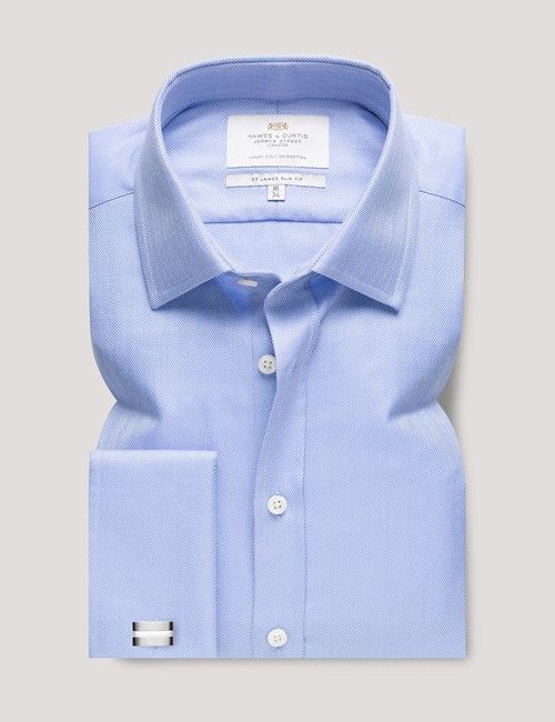 Blue Herringbone Slim Shirt - Double Cuff-preview