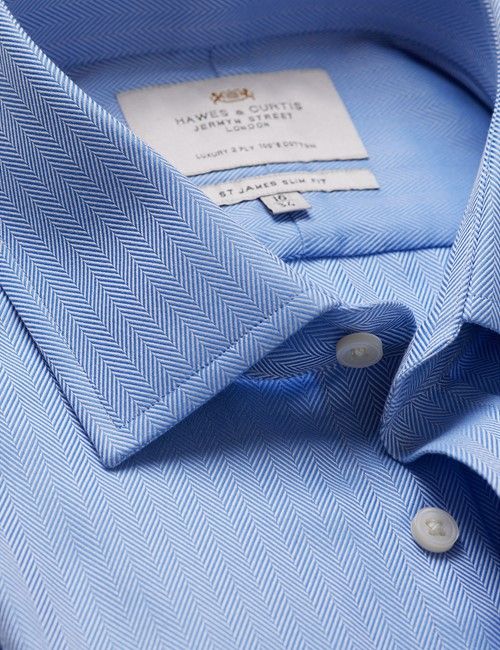 Blue Herringbone Slim Shirt - Double Cuff
