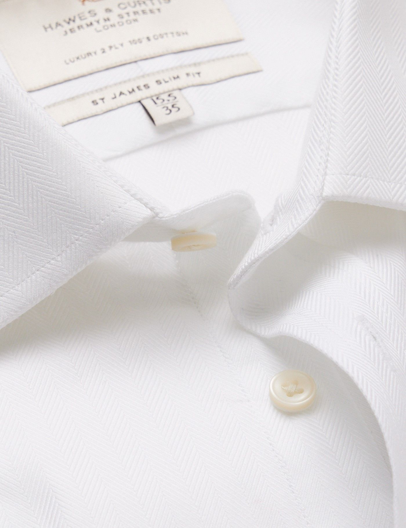 Men's White Herringbone Slim Shirt - Double Cuff