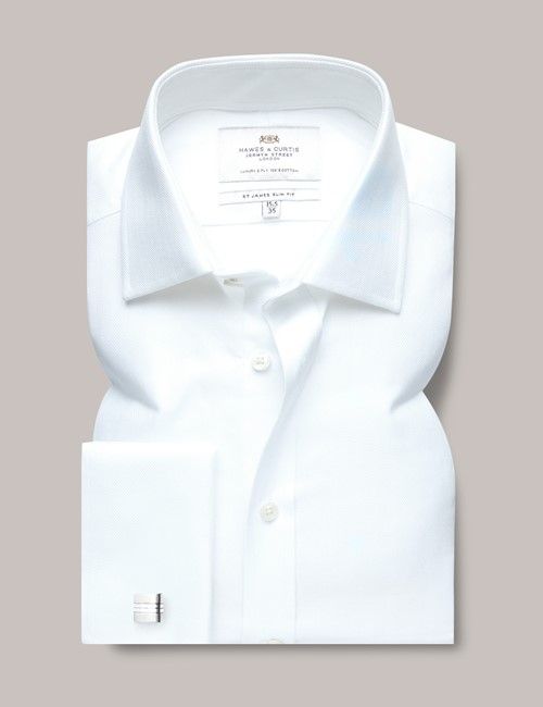 White Herringbone Slim Shirt - Double Cuff-preview